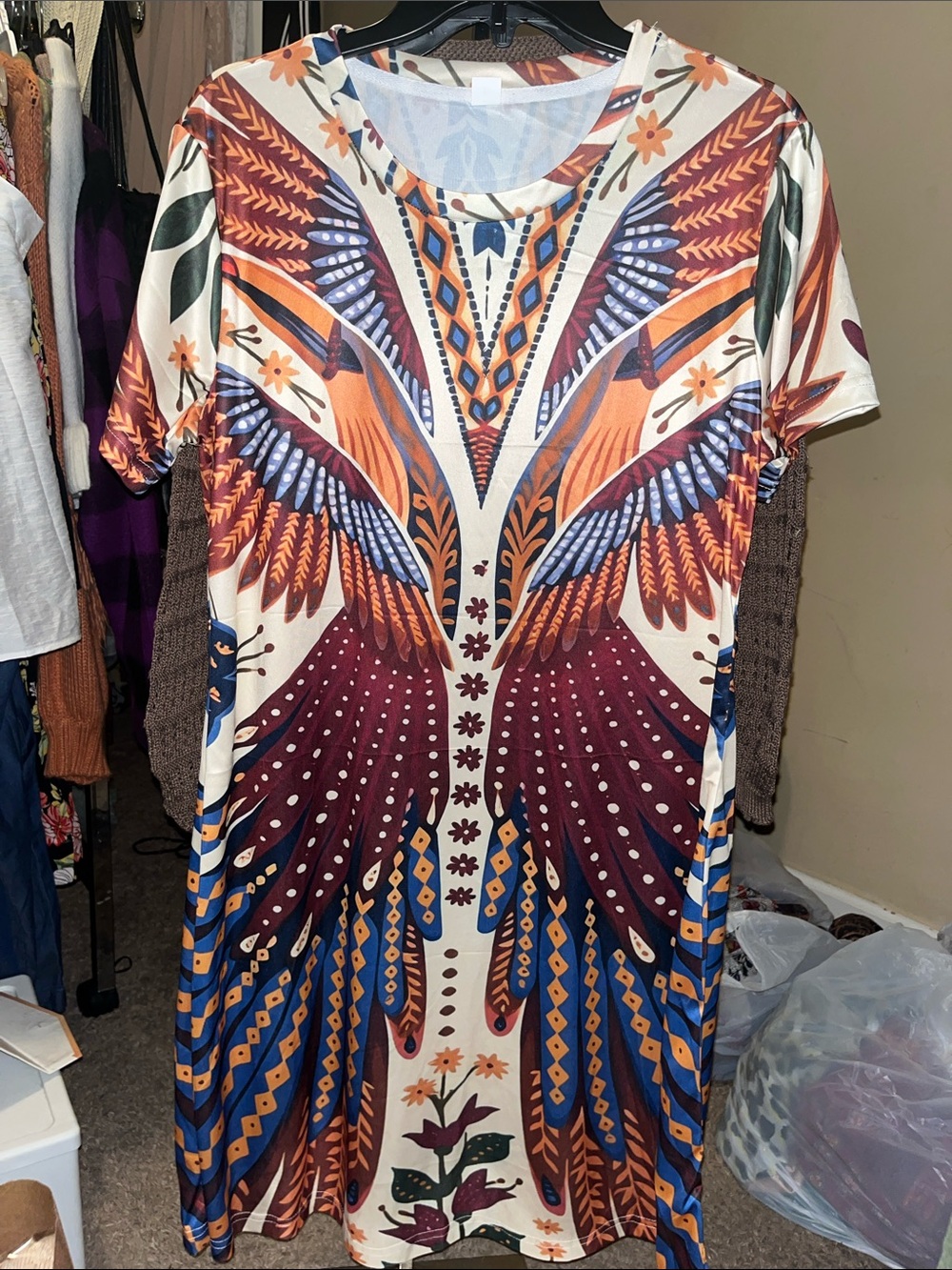 Boho Floral Wing Print Short Sleeve Dress in Cream and Rust